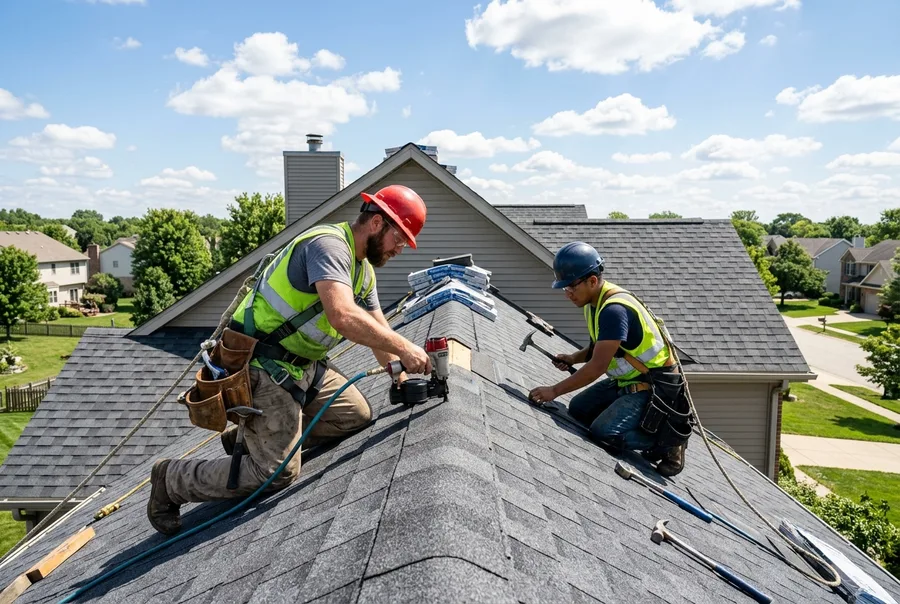 Roof & Nail roofing crew installing architectural shingles in Collierville